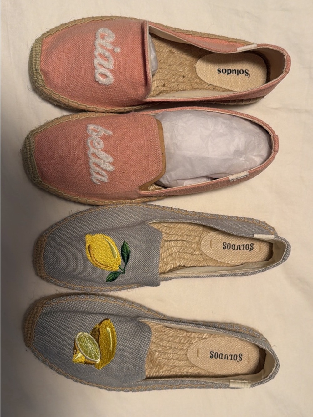 Soludos Pink Embroidered Ciao Bella & Gray Espadrilles with Lemon Motif